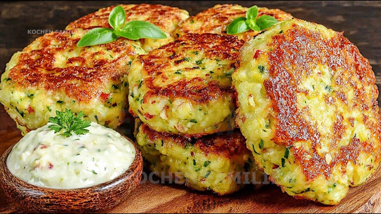 Käsige Blumenkohl-Bratlinge mit Garnelen-Sahne-Sauce