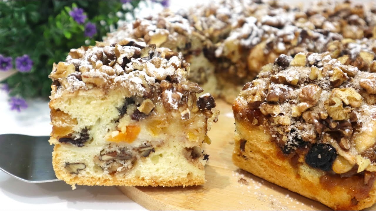 Layered Apple Walnut Royal Cake with Dried Fruit — A layered apple cake with dried apricots, raisins, cinnamon and walnuts. A squar