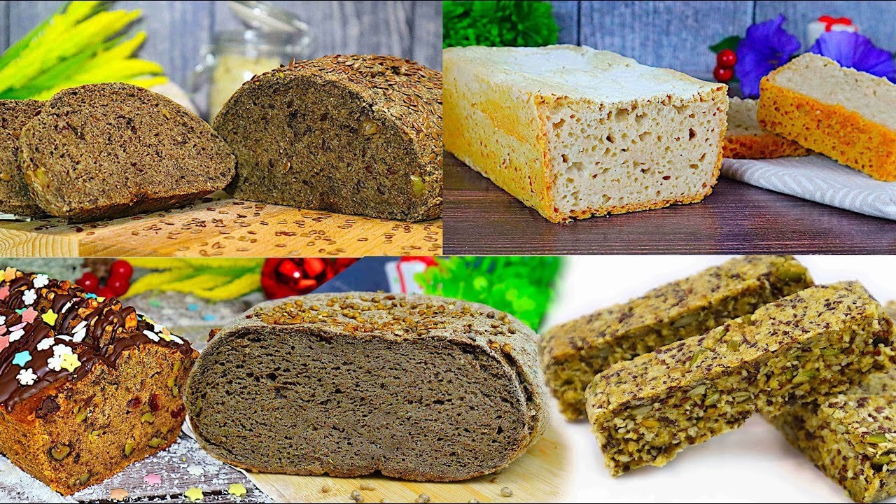 5 gesunde mehlfreie Brote in einem Video — Zusammenstellung von fünf glutenfreien, weizenmehlfreien Broten: weicher Hefetei