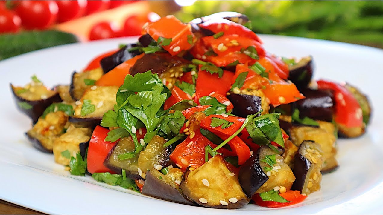 Roasted Eggplant Pepper Sesame Salad — Warm salad of oven-roasted eggplant and bell pepper tossed with parsley, soy sau