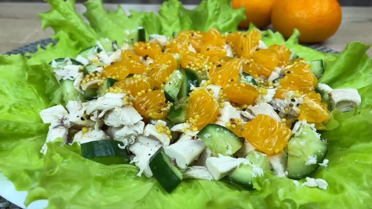 High-Protein German Chicken Mandarin Salad (No Mayo) — Fresh chicken salad with crisp cucumbers, sweet mandarin and a mustard-honey vin