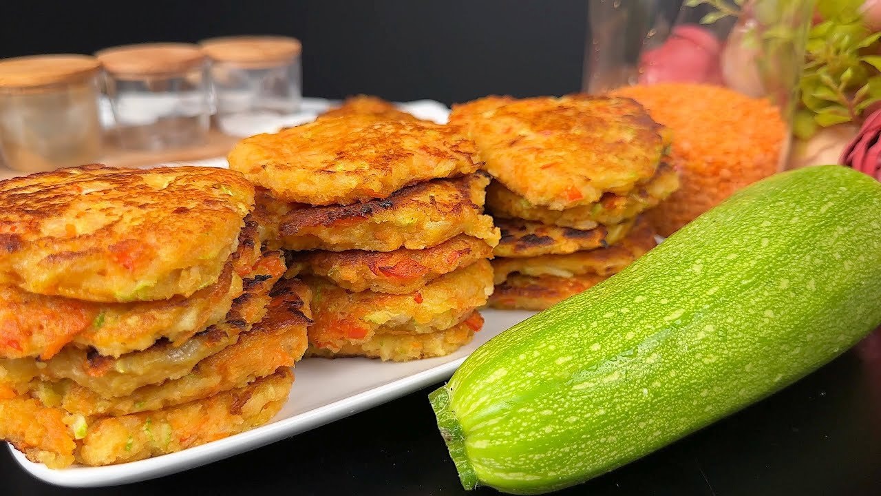 Vegan Red Lentil Vegetable Pancakes — Hearty red lentil pancakes blended with sauteed onion, carrot, zucchini, bell pe
