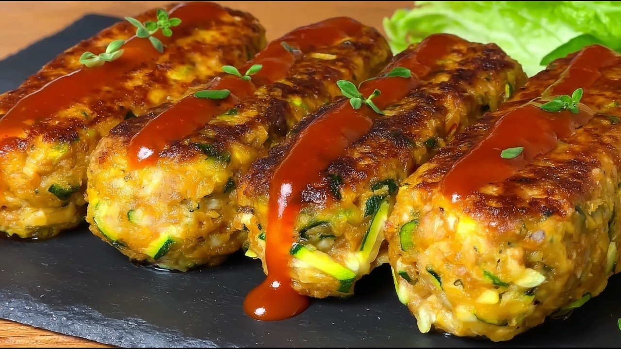 Vegane Zucchini-Kichererbsen-Frikadellen mit Pilzen — Saftige Zucchini-Kichererbsen-Frikadellen mit angebratenen Pilzen, roter Zwiebel