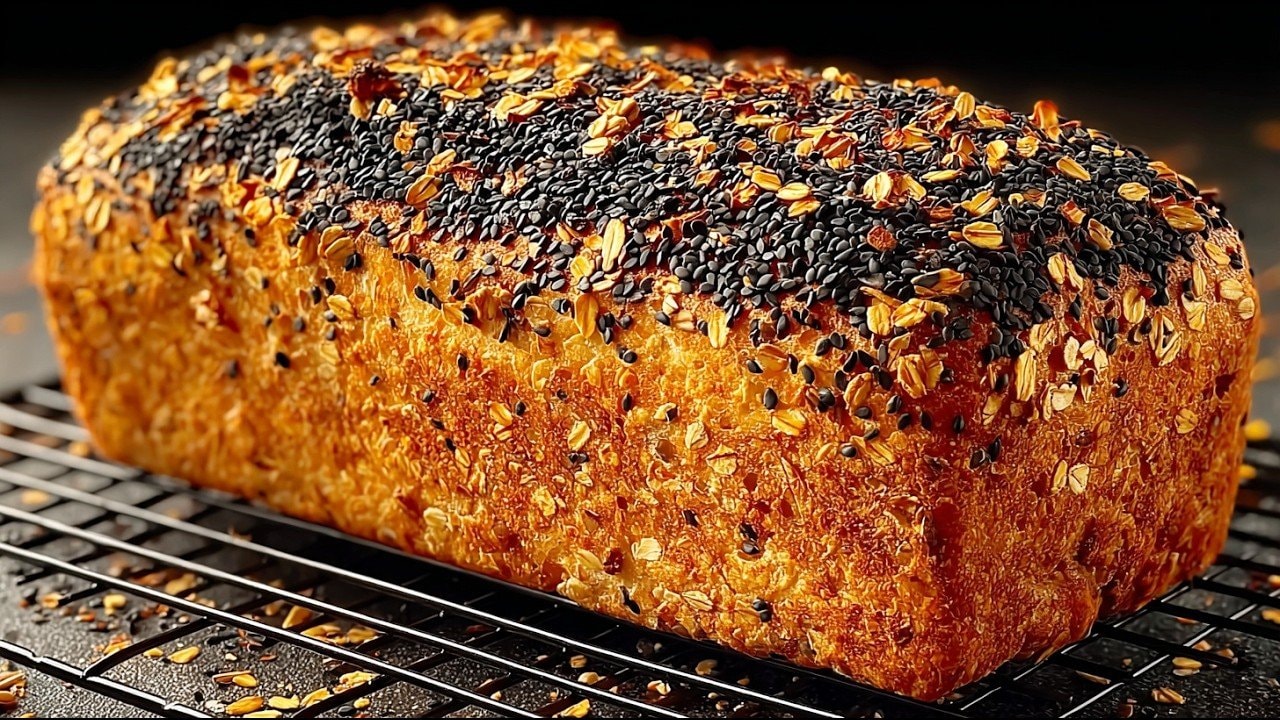 High-Fibre Oat & Seed Fitness Bread (No Flour) — Dense fitness loaf built on oats, flaxseed, chia, walnuts and sunflower seeds wi