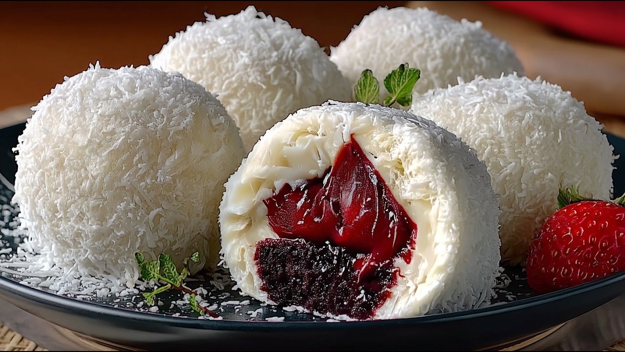 Sugar-Free Layered Coconut Strawberry Cakes — Chilled cakes with a cocoa-almond sponge, strawberry-chia jam and whipped coconu
