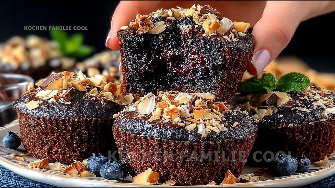 Chocolate Walnut Keto Muffins with Berries — Rich cocoa muffins with Greek yogurt, lime zest, almond flour and chopped walnut